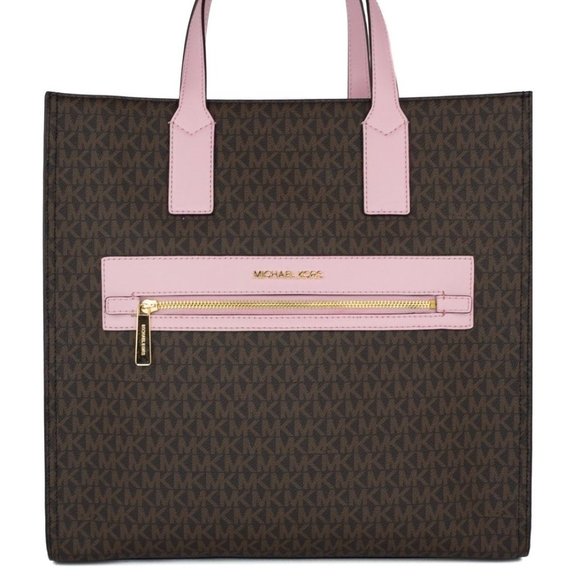 Michael Kors Handbags - NEW Michael Kors Kenly Large North South Tote Bag Brown Pink Signature Computer